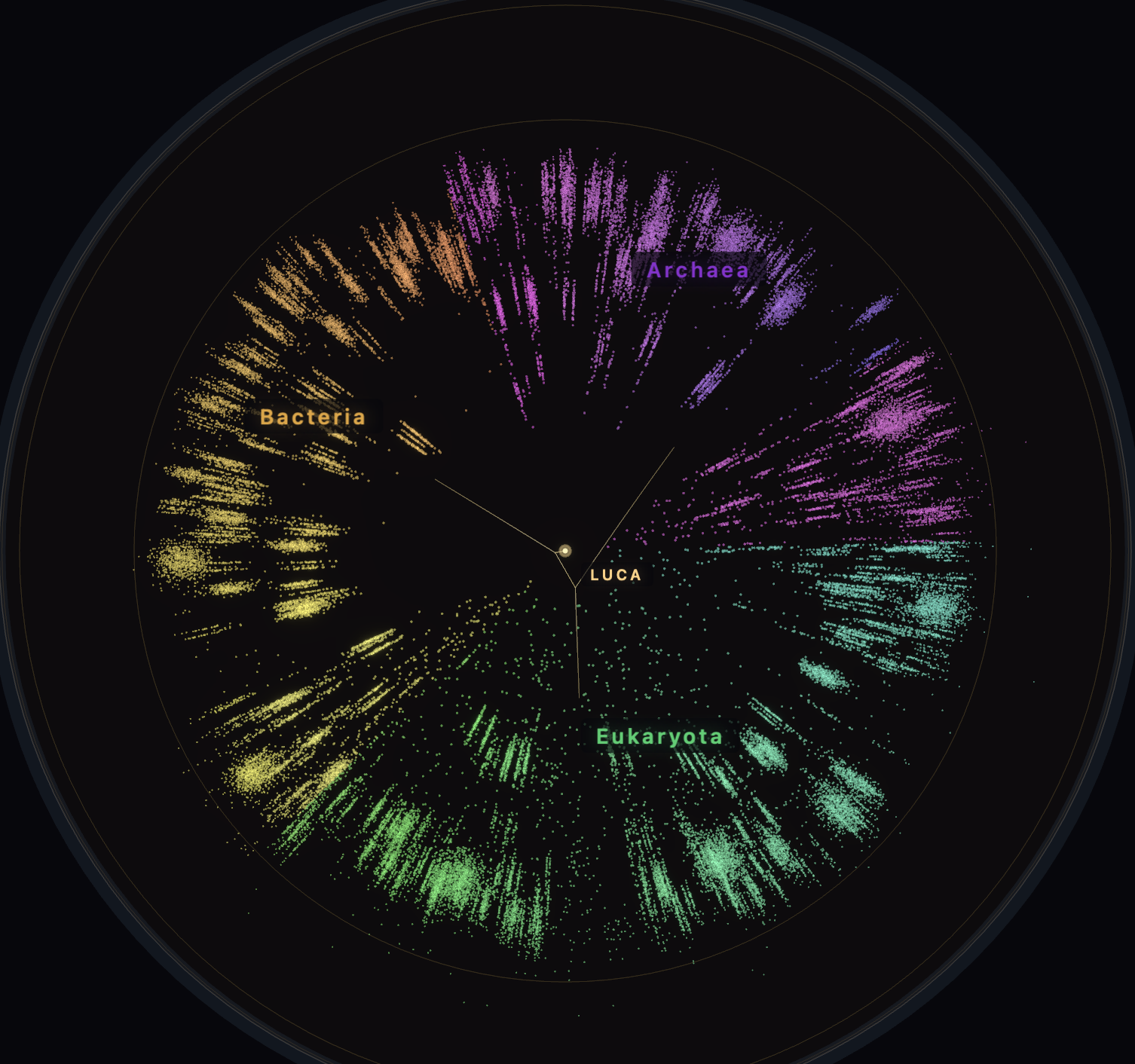 Biosphere Atlas: Poincaré disk visualization of the tree of life